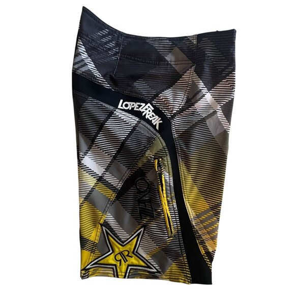 O'Neill Lopez Freak Rockstar Energy Plaid Boardshorts 30 Yellow Black Surf Y2K - Picture 4 of 16